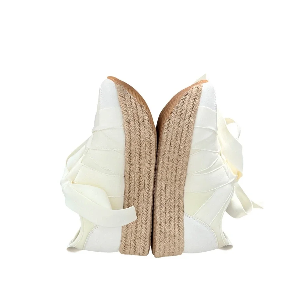 Menina Off White Satin Ribbon Bow Espadrille Platform Sneakers Womens